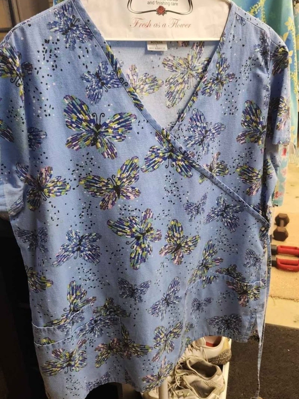 Light Blue Butterfly Print Scrub Top